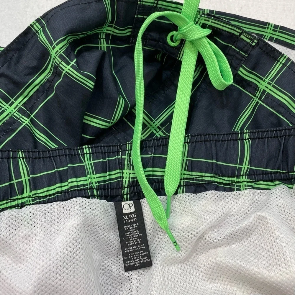 OP lined swim trunks black & green plaid side pocket flat front elastic back XL